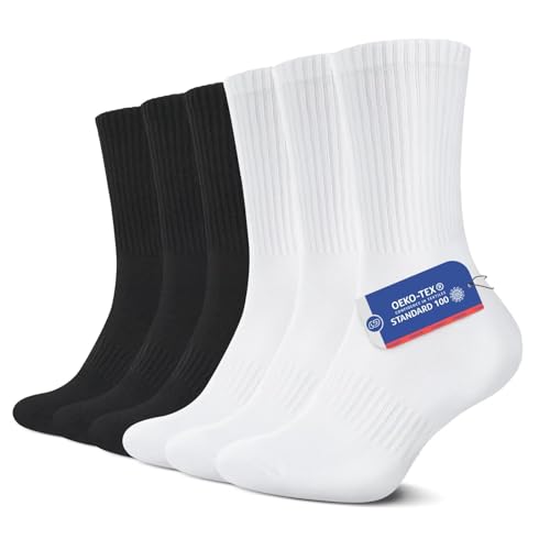 YouShow 6 Paar Sportsocken Herren Damen Classic Schwarz Weiß Cushioned Crew Socken Tennissocken 39-42 von YouShow