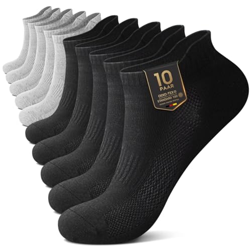 YouShow Sneaker Socken Herren Sportsocken Kurze Atmungsaktiv 10 Paar Laufsocken Damen Schwarz Grau 43-46 Baumwollsocken Halbsocken von YouShow