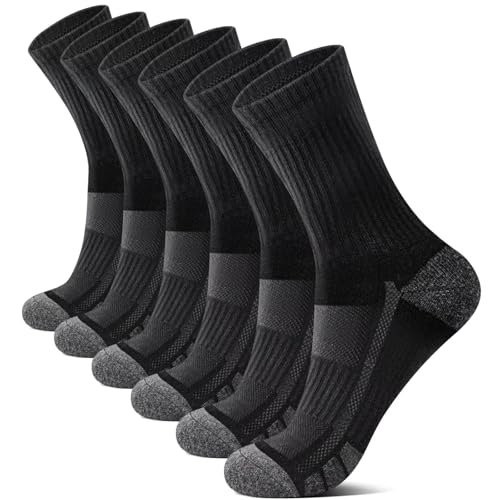 YouShow Socken 6 Paar Damen Sportsocken Gepolstert Crew Wandersocken Schwarz Baumwollsocken Weich 35-38 Atmungsaktiv Tennissocken von YouShow