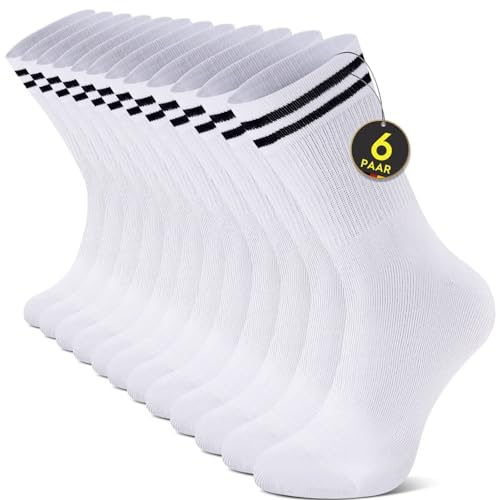 YouShow Socken 6 Paar Sportsocken Herren Crew Damen Weiß Atmungsaktiv 43-46 Retro Tennissocken Baumwollsocken von YouShow