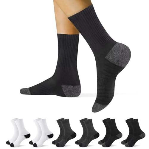 YouShow Socken Herren Damen 6 paar Sportsocken Baumwolle Atmungsaktive Cushioned Training Tennissocken Schwarz Weiß Grau 35-38 von YouShow