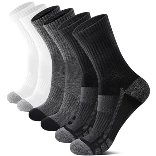 YouShow Tennissocken Herren 43-46 Crew Weich 6 Paar Atmungsaktiv Socken Wandersocken Gepolstert Damen Sportsocken Schwarz Weiß Dunkelgraue Baumwollsocken von YouShow