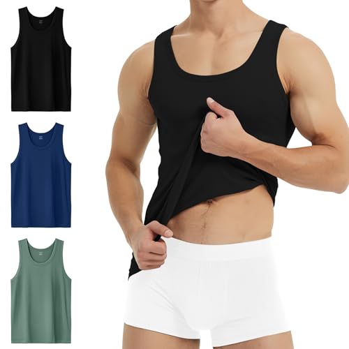 YouShow Unterhemd Herren 3er Pack 100% Baumwolle Tank Top Feinripp Schwarz Blau Grün S von YouShow