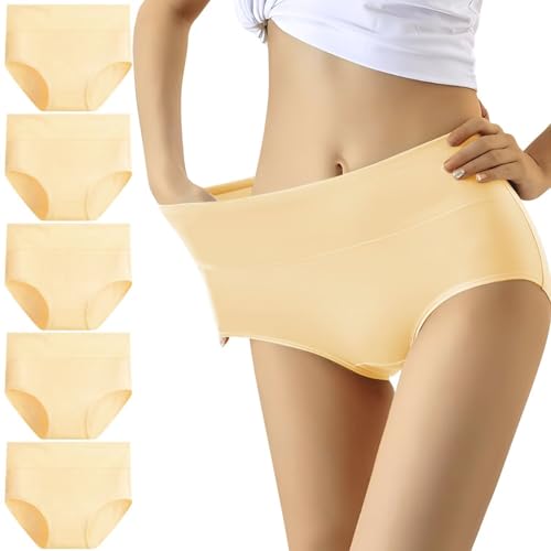 YouShow Unterhosen Damen 5er Pack Baumwolle Hohe Taille Unterwäsche Slip Stretchanteil(Beige,XL) von YouShow