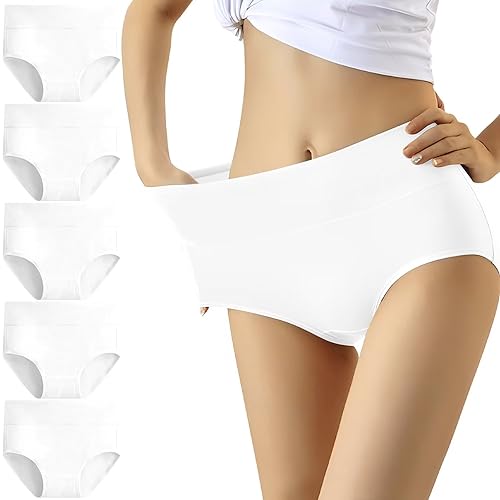 YouShow Unterhosen Damen 5er Pack Baumwolle Hohe Taille Unterwäsche Slip Stretchanteil(weiß,3XL) von YouShow