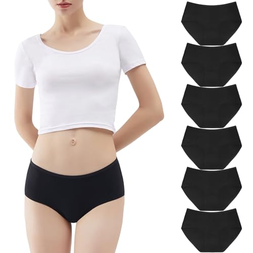 YouShow Unterhosen Damen 6er Pack Baumwolle Slips Unterwäsche Hipster Mittel Taille Panties (Schwarz, XL) Sportunterhosen für Damen von YouShow