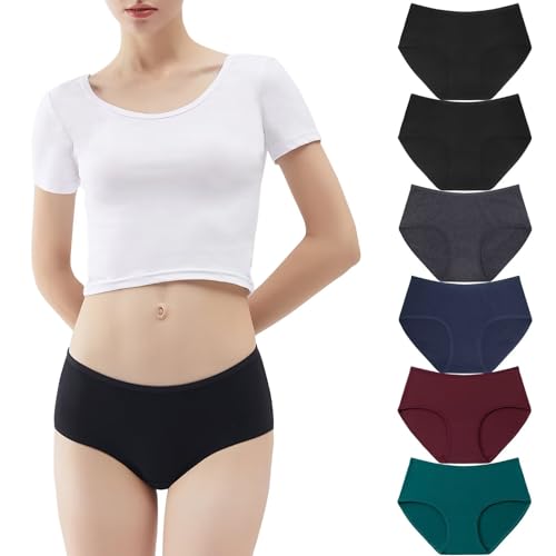 YouShow Unterhosen Damen Unterwäsche 6er Pack Baumwolle Slips Mittel Taille Panties Schwarz Dunkelgrau Dunkelblau Weinrot Dunkelgrün XS Sportunterhosen für Damen von YouShow