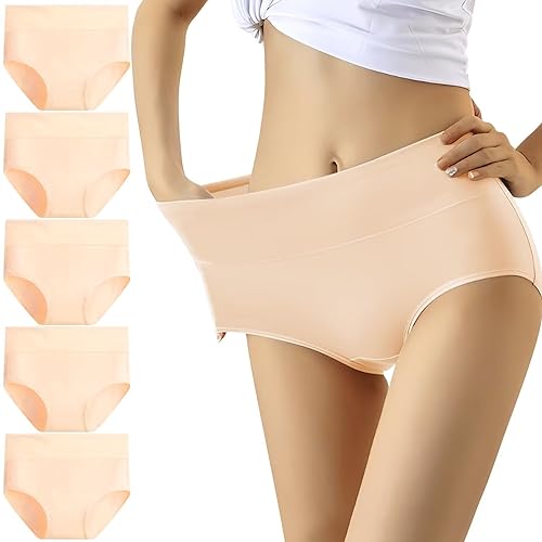 YouShow Unterhosen Damen 5er Pack Baumwolle Hohe Taille Unterwäsche Slip Stretchanteil(Beige,S) von YouShow