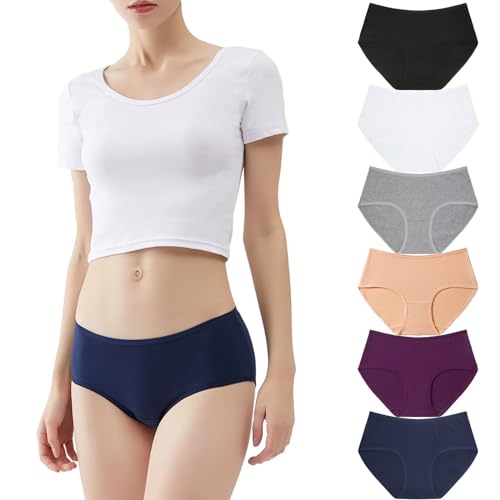 YouShow Unterhosen Damen Unterwäsche Slips Baumwolle Pantys Hipster Mittel Taille Höschen Frauen 6er Pack Schwarz Weiß Grau Beige Violett Dunkelblau 3XL Sportunterhosen für Damen von YouShow