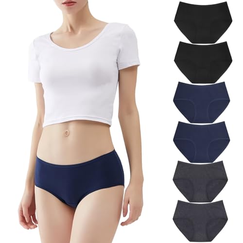 YouShow Unterhosen Damen Unterwäsche Slips Baumwolle Pantys Hipster Mittel Taille Höschen Frauen Perioden 6er Pack Schwarz Marine Dunkelgrau 3XL Sportunterhosen für Damen von YouShow