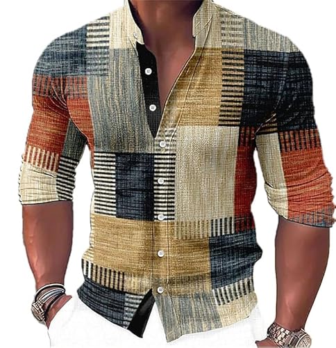 Herren Freizeithemd Karohemd mit Stehkragen und Langen Ärmeln Mode 3D Retro Plaid Bedrucktes T Shirt Slim Fit Henley Hemd von YouTownEU