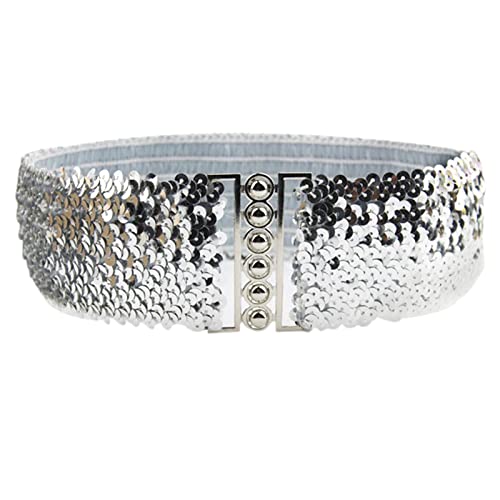 YouU Damen Frauen Elastic Stretch Schnalle Stil Paillettenbesatz Taille Band Gürtel (Silber) von YouU