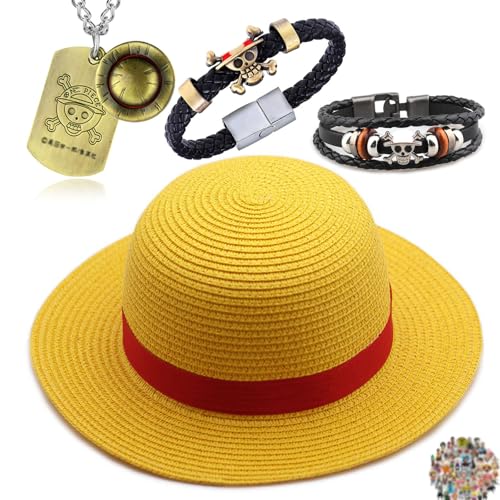 YouU Strohhut Cospaly Kostüm Party Männer und Frauen Strand Sonne Strohhut Luffy Halskette Armbänder Anime Schmuck One P. Aufkleber 24 Stück von YouU