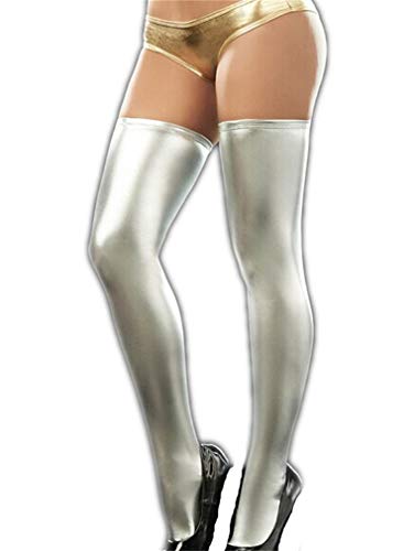 YouYaYaZ Damen Halterlose Overknee Strümpfe Wetlook Optik Kniestrümpfe Reizwäsch Stockings Gotik (Silber,M/L) von YouYaYaZ