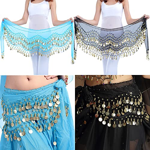 YouYuer 2PCS Bauchtanz Hüfttuch,Damen Bauchtanz Gürtel,Chiffon Hüfttuch,Tanztuch mit Münzen für Bauchtanz,Münzgürtel Tanztuch Bauchtanz Kostüm mit 128 Münzen für Mädchen Frau von YouYuer