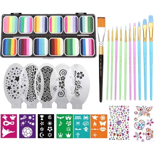 Youding Gesichtsfarbe Set - Schmink Set,12-Fach Palette Mit Pinseln Schablonen Strasssteinen Für Kinder Jugendliche Erwachsene von Youding