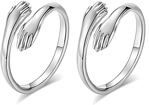 2 Stück Mode Liebe Umarmung Handringe Umarmungsring 925 Sterling Silber Gold Umarmungsringe Verstellbar für Männer und Frauen Enkelin Party Ringe Geschenk (Silber) von Youehsent