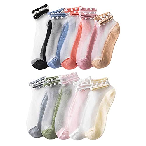 Youehsent 10 Paar Kristall Tüll Perle Sommersocken, Spitze Perle Transparente Socken für Frauen, Bequem Atmungsaktiv von Youehsent