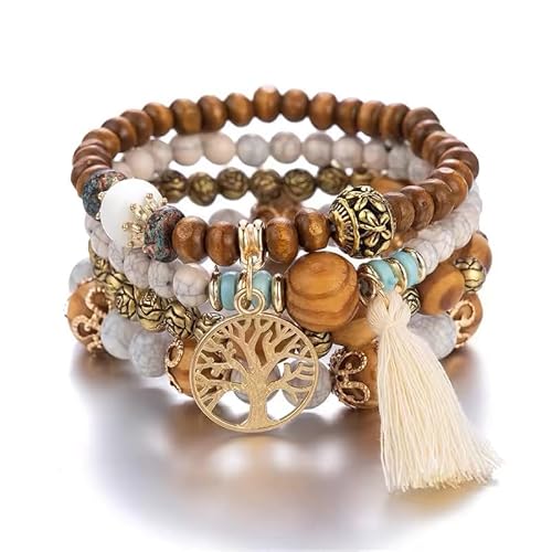 Youery 4 Stück Boho Armbänder Damen, Holzperlen Armband, Chakra Armband für Frauen, Schmuck Boho Armreifen mit Holzperlen und Quaste, Chakra Armband, Frauen Baum des Lebens Charm Statement Armreifen von Youery