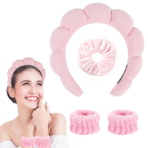 Youery Stirnbänder Schwamm Stirnband Armband Sets zum Waschen von Gesicht Make-up Stirnbänder für Frauen Mädchen Hautpflege Entfernung Spa Yoga Dusche Kopfband Frottee Handtuch Stoff Haarband (Rosa) von Youery