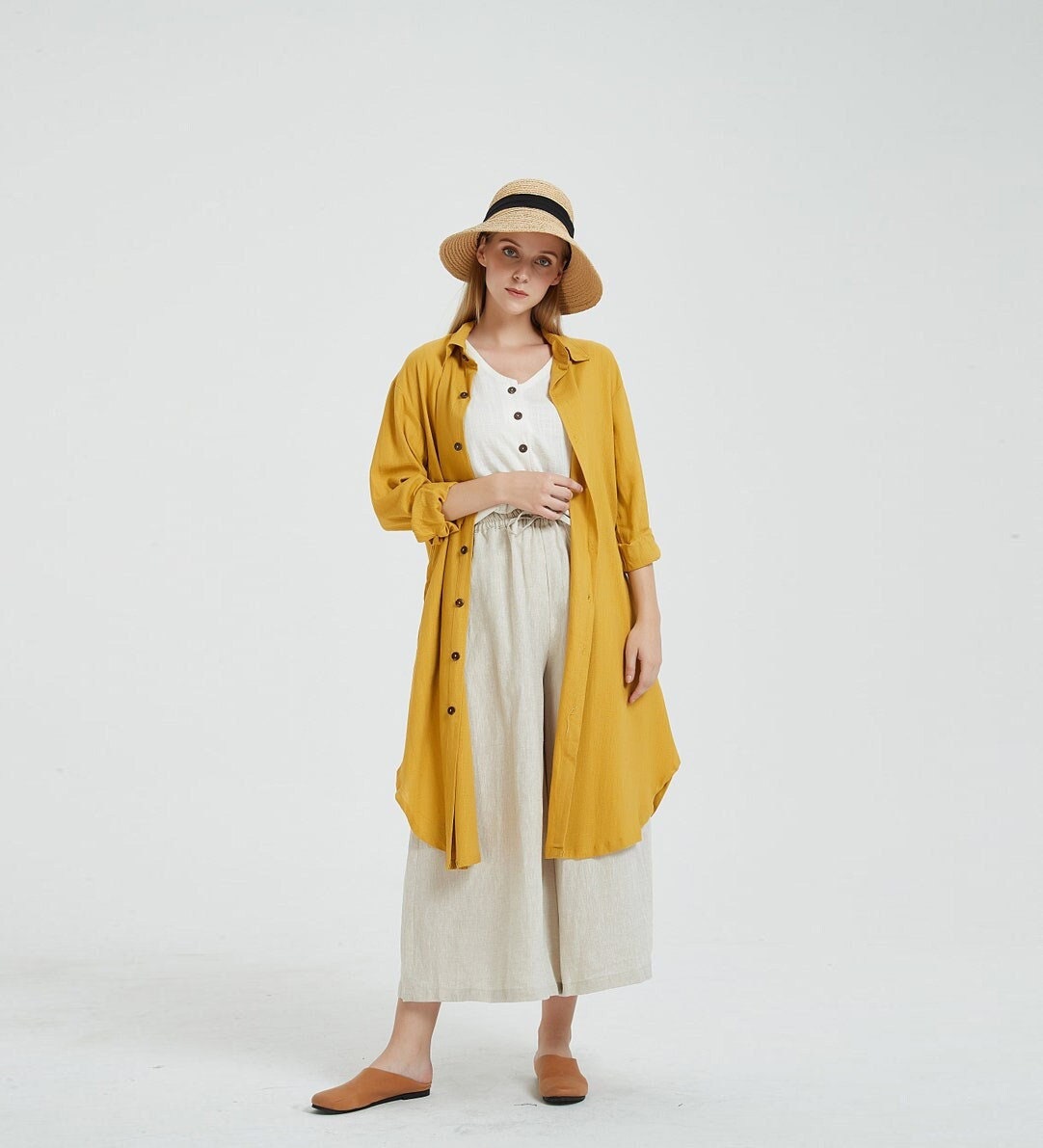 Frauen Leinenhemd Kleid Leinen Maxi Frühling Oversize Locker Lässig Etuikleid Tunika Longshirt Plus Size Bekleidung R1 von Youga