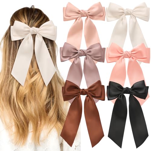 6 seidige Satin-Haarschleifen, niedliche Schleifen-Clips für Damen, große Haarschleifen für Frauen, langer Schwanz, Haarschleifen für Mädchen, Haar-Accessoires für Weihnachten und Urlaubsgeschenke von Yougeigy