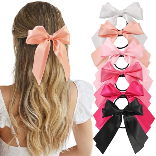 Yougeigy Haargummis mit Schleifen, Satin-Haarband, Haarschleifen für Damen und Mädchen, elastische Haargummis für dickes, dünnes Haar, Schleifen, Haar-Zubehör (Rosa), 6 Stück von Yougeigy