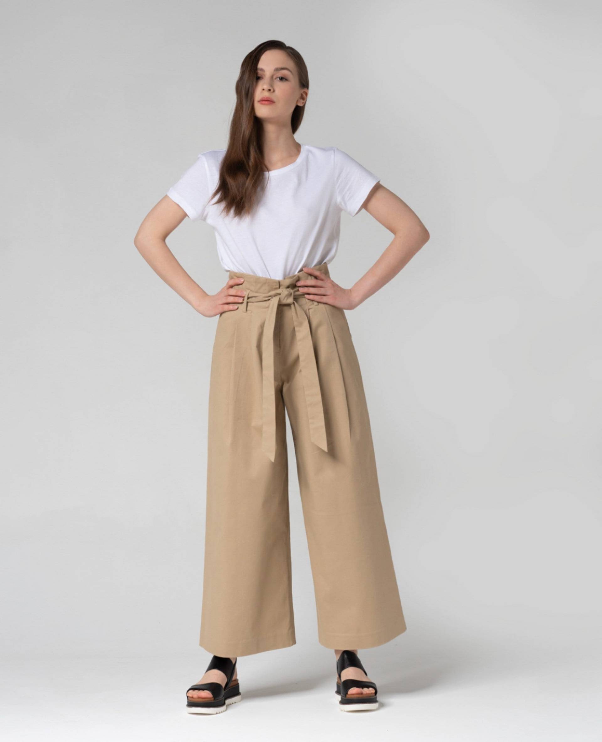 Hoch Taillierte Baumwollhose Mit Weitem Bein Beige Sommerhose Gürtel von Youinspiredwear