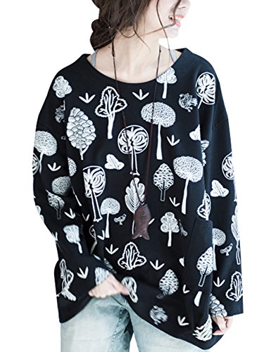 Youlee Damen Baum Printed Sweatshirts Langarm-Tops Schwarz von Youlee