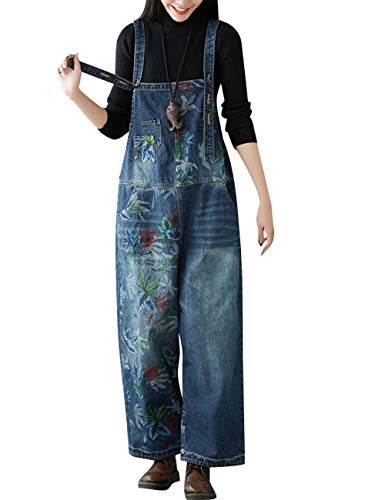 Youlee Damen Breites Bein Denim Overalls Retro Beiläufig Latzhose Style 3 Dark Blue von Youlee