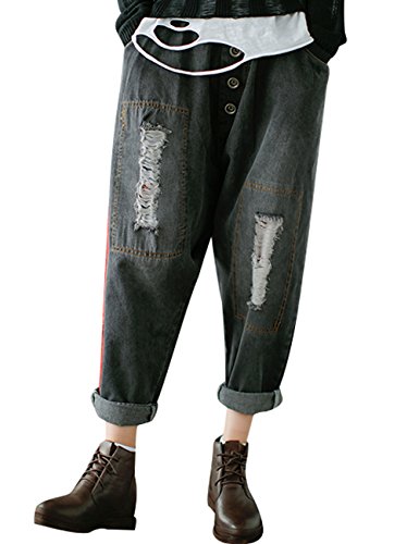 Youlee Damen Drop Crotch Jeans Elastische Taillenhose mit Löchern von Youlee