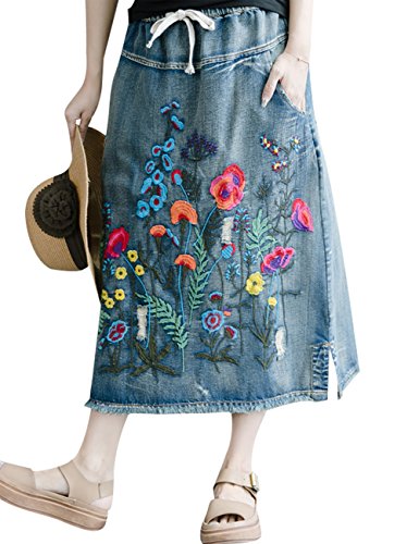 Youlee Damen Elastische Taille Bestickt Blumen Denim Röcke Deep Blue von Youlee