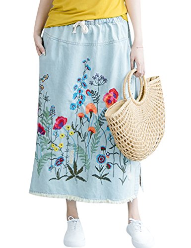 Youlee Damen Elastische Taille Bestickt Blumen Denim Röcke Light Blue von Youlee