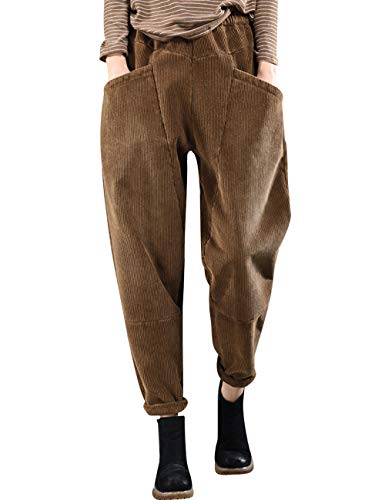 Youlee Damen Elastische Taille Patch Baumwolle Cordhose mit Taschen Brown von Youlee