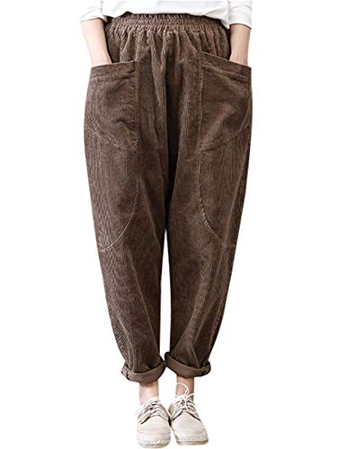 Youlee Damen Elastische Taille Weites Bein Hose Cordhose Khaki M von Youlee