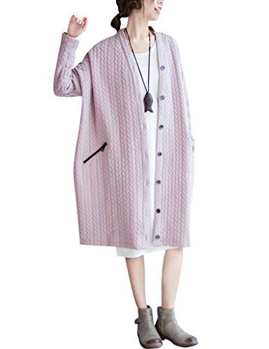 Youlee Damen Herbst V-Ausschnitt Braided Pattern Strickjacke Mäntel Rosa von Youlee