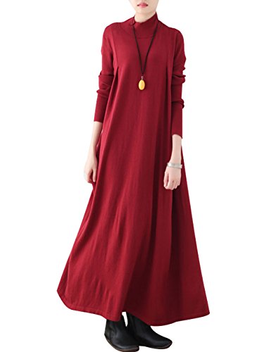 Youlee Damen High Neck Pulloverkleid Strick Maxikleid Burgunderrot One Size Plus von Youlee