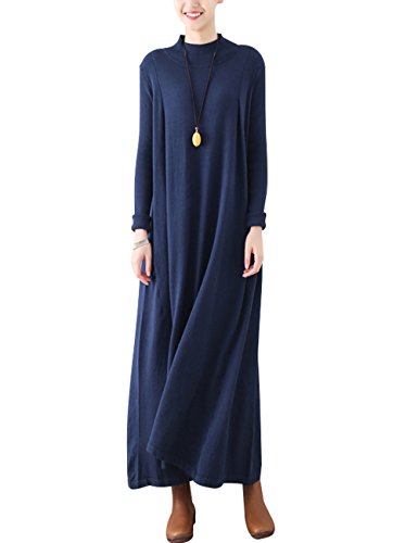 Youlee Damen Hochgeschlossen Pullover Kleid Gestrickt Maxikleid Deep Blue von Youlee