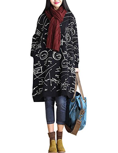 Youlee Damen Rundhals Printing Langarm-Tops Schwarz Schwarz von Youlee