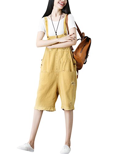 Youlee Damen Sommer Löcher Weite Leg Overalls Denim Latzhose Yellow von Youlee