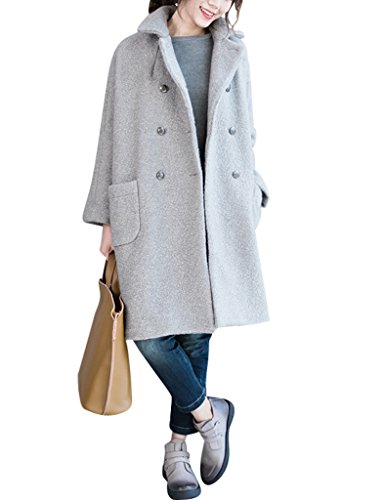 Youlee Damen Winter Falten Kragen zweireihigen Mantel Wollmantel Grau XL von Youlee