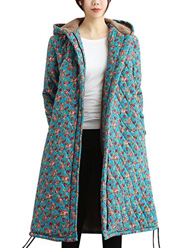 Youlee Damen Winter Herbst Blumen Mäntel Verdicken Baumwolle Leinen Mäntel mit Kapuze Blue von Youlee