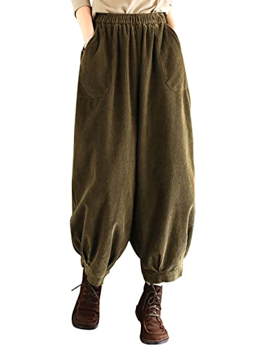 Youlee Damen Winter Herbst Elastische Taille Haremshose Cordhose Khaki von Youlee