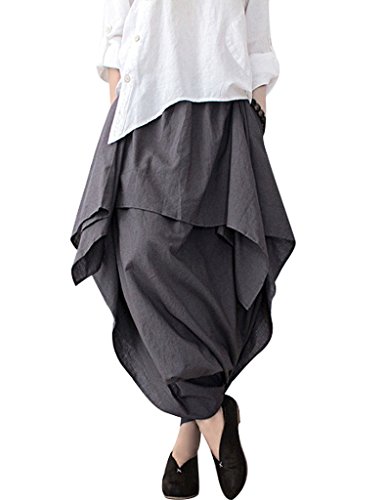 Youlee Frauen Baumwolle Leinen-elastische Taille tief sitzendem Schritt Wide Leg Hose Grau von Youlee