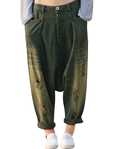 Youlee Frauen Elastische Taille Wide Leg Haremshose Loch Jeans Style 10 Green XL von Youlee