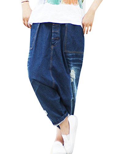 Youlee Frauen Elastische Taille Wide Leg Haremshose Loch Jeans Style 11 Blue M von Youlee