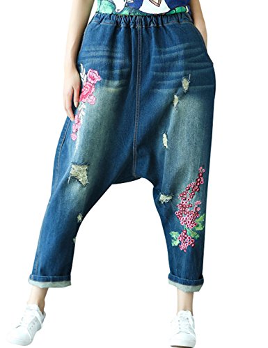 Youlee Frauen Elastische Taille Wide Leg Haremshose Loch Jeans Style 12 von Youlee
