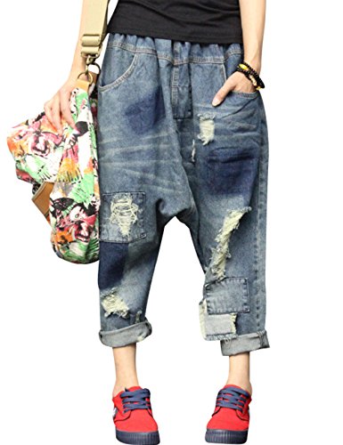 Youlee Frauen Elastische Taille Wide Leg Haremshose Loch Jeans Style 15 L von Youlee