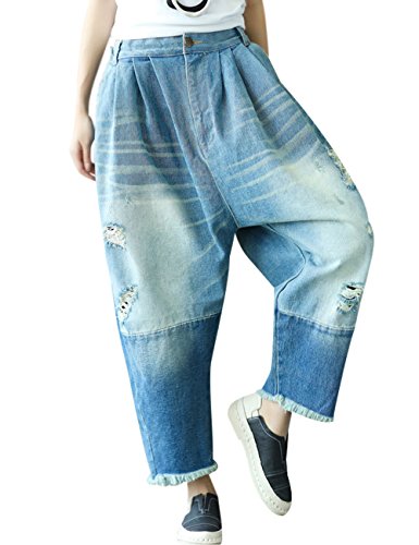 Youlee Frauen Elastische Taille Wide Leg Haremshose Loch Jeans Style 17 XL von Youlee