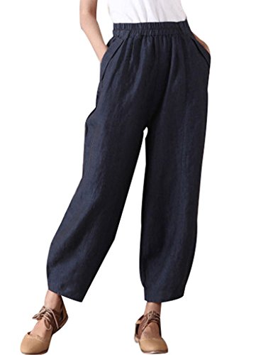 Youlee Frauen Elastische Taillen Linen Wide Leg Hose Blau L von Youlee